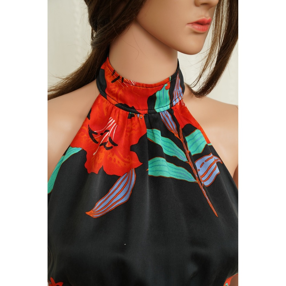 Floral Halter‎ Neck Top Black Red Satin Open Back Gold Snap Button High Neck - Picture 2 of 5